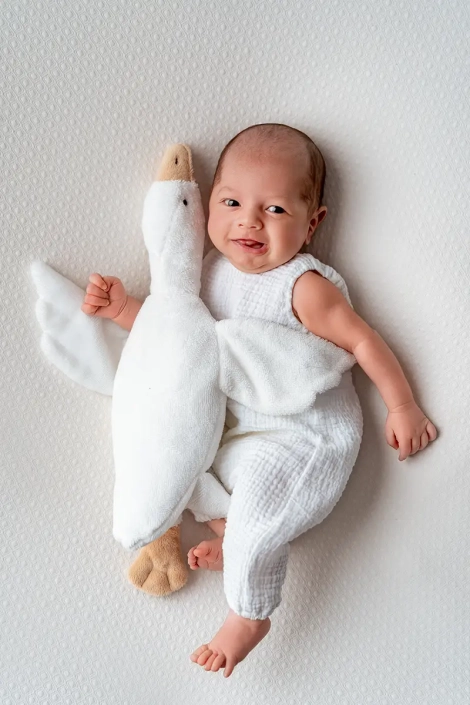 fröhliches Neugeborenes mit einer Kuschelente