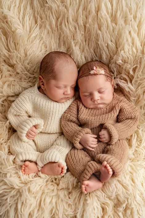 zwei Babys bei ihrem ersten Neugeborenenshooting, zart und kuschelig