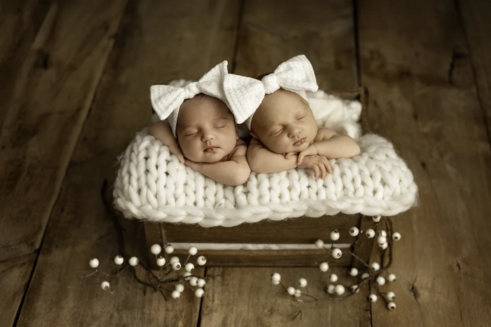 fotoshooting_mit zwillingen_neugeborenenfotografie_hamburg Zwillingsmärchen in einen Körbchen platziert bei einem Neugeborenenshooting in Hamburg