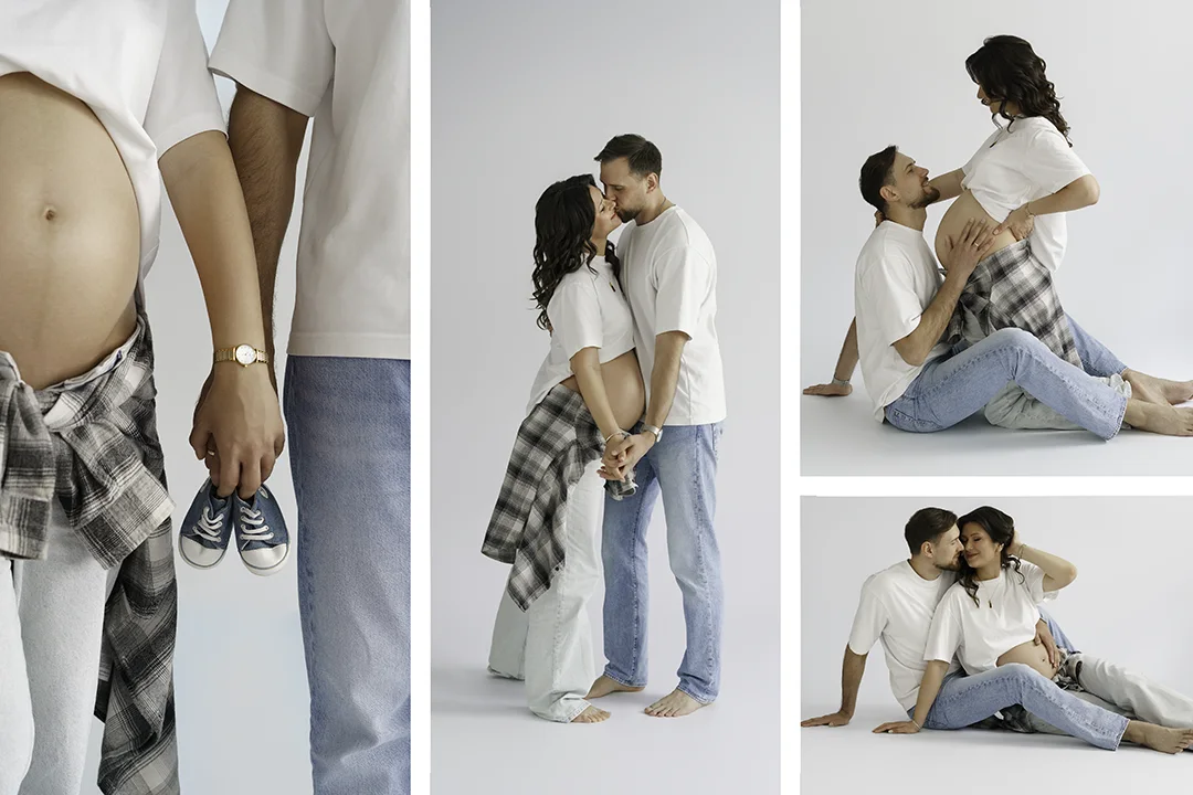 Tageslicht Babybauchshooting mit Partner im Jeanslook