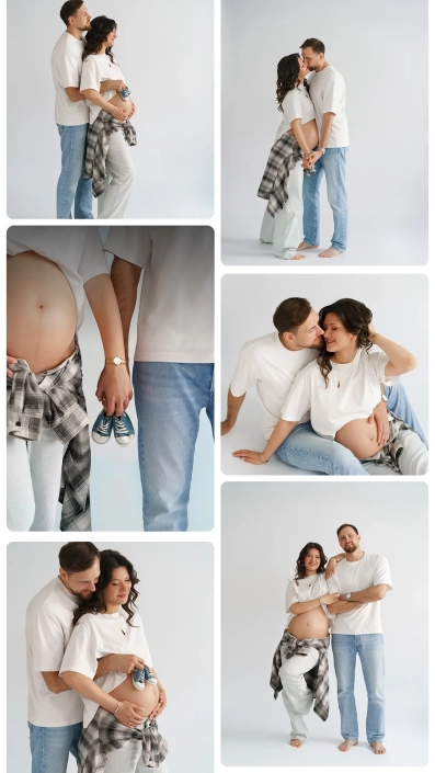 Babybauchfotoshooting im Jeanslook Paar Fotoshooting im Studio im Tageslicht