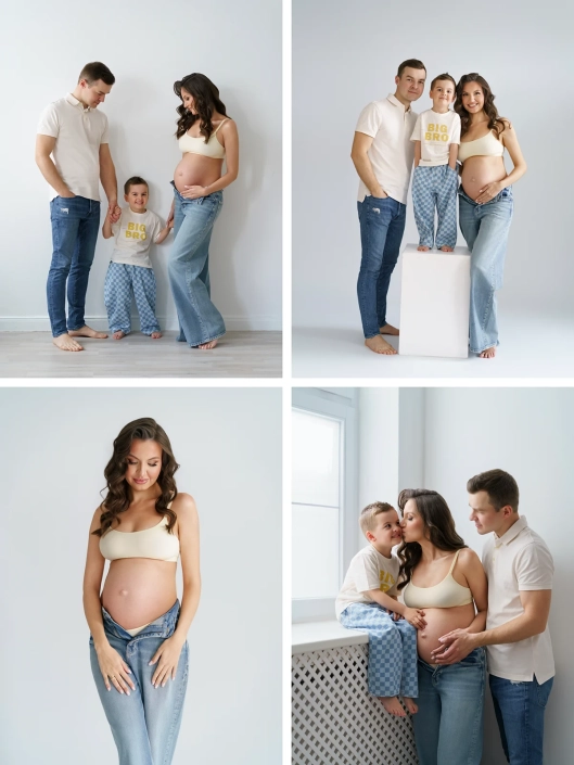 Babybauchsession-hamburg-tageslicht-jeans Familienfotoshooting mit Babybauch in Jeans in Hamburger Fotostudio