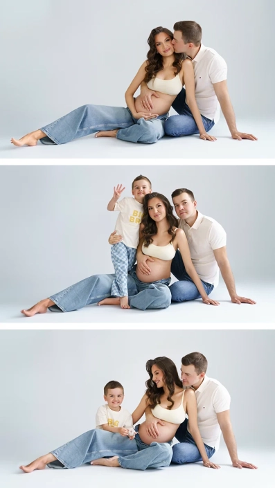 Babybauchshooting-hamburg-tageslicht-mit Kind Familienfotoshooting mit Babybauch in Jeans in Hamburger Fotostudio